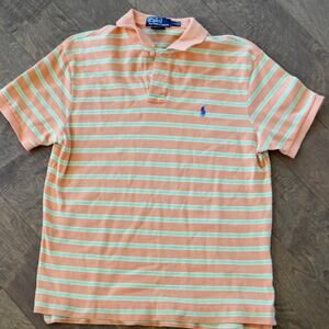 Polo Ralph Lauren Short Sleeve Striped Custom Fit Polo Shirt Orange‎ Mens Sz L